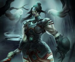 Rule 34 | 1girl, absurdres, arm shield, armor, biceps, black hair, cuisses, earrings, forehead protector, gauntlet, gauntlets, hades (series), hades 2, hair bun, highres, hoop earrings, jewelry, leg armor, lipstick, looking at viewer, makeup, muscular, muscular arms, muscular female, nail polish, nemesis (hades), purple lips, red nails, shoulder armor, solo, sword, weapon, yellow eyes