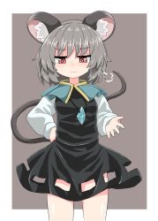 Rule 34 | 1girl, animal ears, black dress, blue capelet, border, bright pupils, capelet, chups, closed mouth, dress, grey background, grey hair, hand on own hip, highres, jewelry, long sleeves, looking at viewer, mouse (animal), mouse ears, mouse tail, nazrin, pendant, red eyes, short hair, simple background, solo, tail, touhou, white border, white sleeves