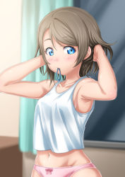 Rule 34 | 10s, 1girl, armpits, arms up, blue eyes, blurry, blurry background, breasts, commentary request, depth of field, grey hair, hair tie, hands in hair, highres, long hair, love live!, love live! sunshine!!, midriff, mouth hold, navel, panties, pink panties, sazanami tarou, short hair, sideboob, solo, tank top, underwear, underwear only, watanabe you
