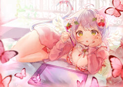 Rule 34 | 1girl, absurdres, animal ears, bell, bikini, blurry, blurry foreground, blush, breasts, bug, butterfly, cat ears, cat girl, cat tail, cleavage, detached collar, drawing tablet, fang, feathered wings, flower, food, food-themed hair ornament, fruit, green eyes, hair ornament, hand on own cheek, hand on own face, highres, holding, holding stylus, insect, jacket, large breasts, long hair, looking at viewer, lying, neck bell, off shoulder, on side, open mouth, original, ribbon, socks, solo, strawberry, strawberry blossoms, stylus, sunlight, swimsuit, tail, tail ornament, tail ribbon, white hair, wings, yuuka0922