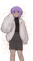 Rule 34 | 1girl, :&gt;, black sweater, blush, breasts, closed mouth, dark-skinned female, dark skin, fate/prototype, fate/prototype: fragments of blue and silver, fate (series), grey jacket, grey skirt, hand up, hassan of serenity (fate), highres, i.u.y, jacket, long sleeves, looking at viewer, nail polish, open clothes, open jacket, pinching sleeves, pink nails, puffy long sleeves, puffy sleeves, purple eyes, purple hair, ribbed sweater, skirt, sleeves past fingers, sleeves past wrists, small breasts, smile, solo, sweater
