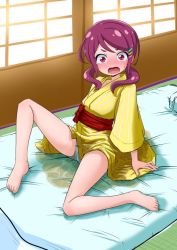 Rule 34 | 10s, 1girl, barefoot, bedwetting, blush, constricted pupils, embarrassed, female focus, full body, futon, hair ornament, hairclip, hugtto! precure, indoors, japanese clothes, jpeg artifacts, kimono, knee up, looking at viewer, mikomo, nono kotori, nose blush, obi, open mouth, panties, pee, peed self, peeing, pillow, pinstripe pattern, precure, puddle, purple hair, red eyes, sash, sitting, solo, striped, sweat, tears, textless version, underwear, wet, wet clothes, wet panties, yellow kimono