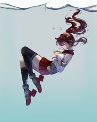 Rule 34 | 10s, 1girl, air bubble, armband, black thighhighs, breath, brown hair, bubble, cherry blossoms, closed eyes, detached sleeves, flower, gradient background, hair flower, hair ornament, haruno suzune, headgear, highres, kantai collection, long hair, red skirt, single thighhigh, skirt, solo, thighhighs, underwater, water, yamato (kancolle), zettai ryouiki
