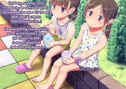 Rule 34 | 2girls, barefoot, blush, child, feet, flat chest, hard-translated, multiple girls, outdoors, saitou teikoku, third-party edit, translated