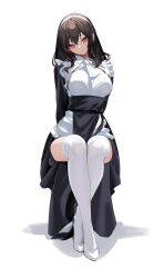 Rule 34 | 1girl, absurdres, black hair, highres, long hair, looking at viewer, maid, original, pink eyes, sitting, solo, spider apple, straight hair, thighhighs, white background, white thighhighs