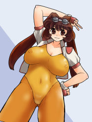 Rule 34 | 1girl, arm behind head, breasts, brown eyes, brown hair, cleavage, covered erect nipples, covered navel, fingerless gloves, gloves, goggles, goggles on head, hand on own hip, highres, jacket, large breasts, legs, makihara arina, open clothes, open jacket, open mouth, rabbit ears, smile, solo, thighs, v, waku waku 7