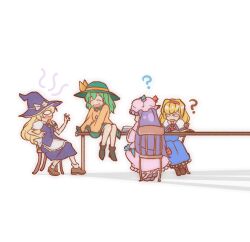 Rule 34 | 4girls, :d, ?, ^ ^, alice margatroid, animated, animated gif, black dress, blonde hair, blue dress, brown footwear, chair, closed eyes, commentary, dress, full body, hands up, hat, kirisame marisa, komeiji koishi, korean commentary, long hair, looking at another, looping animation, mirae somang, mixed-language commentary, mob cap, multiple girls, o o, open mouth, patchouli knowledge, pink dress, pink headwear, purple hair, simple background, sitting, smile, table, touhou, white background, witch hat