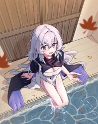 Rule 34 | 1girl, absurdres, arknights, barefoot, black cape, blue eyes, blush, breasts, cape, cleavage, commentary request, dated, falling leaves, gaoling gangqin, highres, leaf, long hair, looking at viewer, medium breasts, mulberry (arknights), open mouth, partially submerged, sitting, solo, very long hair, water, white hair