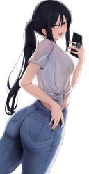 Rule 34 | 1girl, :d, ass, black hair, blush, breasts, cellphone, character request, cowboy shot, ddangbi, denim, from behind, hair between eyes, highres, holding, holding phone, jeans, jewelry, long hair, looking at viewer, looking back, maplestory, medium breasts, open mouth, pants, phone, ponytail, ring, selfie, shirt, short sleeves, sidelocks, simple background, smartphone, smile, tied shirt, white background, white shirt