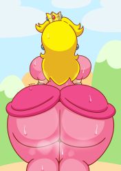 Rule 34 | 1girl, absurdres, artist name, ass, ass focus, blonde hair, crown, daisy-pink71, dress, earrings, from behind, highres, huge ass, jewelry, legs together, long dress, long hair, mario (series), mountain, nintendo, outdoors, pink dress, princess, princess peach, puffy short sleeves, puffy sleeves, short sleeves, super mario bros. 1, sweat, testicles, tight clothes, tight dress