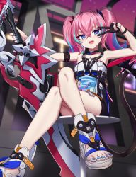 Rule 34 | 1girl, :d, absurdres, arm up, armpits, bare legs, bare shoulders, black choker, black gloves, black shorts, blue eyes, blue nails, choker, fangs, gloves, highres, holding, holding sword, holding weapon, honkai (series), honkai impact 3rd, huge weapon, crossed legs, long hair, looking at viewer, multicolored hair, nail polish, open mouth, outstretched arm, rozaliya olenyeva, rozaliya olenyeva (fervent tempo), shirt, short shorts, shorts, sitting, sleeveless, sleeveless shirt, smile, solo, sword, tail, thighs, toeless footwear, toenail polish, toenails, twintails, two-tone hair, v, weapon, white shirt, wristband, yakob labo