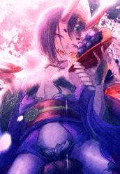 Rule 34 | 1girl, :d, bare shoulders, breasts, bridal gauntlets, commentary request, fang, fate/grand order, fate (series), food, fruit, grapes, hands up, holding, horns, ittokyu, japanese clothes, kimono, obi, off shoulder, oni, open clothes, open kimono, open mouth, purple eyes, purple hair, purple kimono, sash, shide, short eyebrows, shuten douji (fate), sitting, small breasts, smile, solo, thick eyebrows, tongue, tongue out