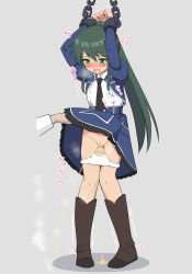 Rule 34 | 1girl, arms up, assassins pride, black necktie, blue jacket, blue skirt, blush, boots, breath, brown footwear, chain, cleft of venus, clenched hands, clothes lift, commission, cropped jacket, crying, cuffs, disembodied hand, embarrassed, female focus, flat chest, full body, green eyes, green hair, heart, high-waist skirt, high ponytail, highres, jacket, japanese text, juliet sleeves, keira espada, knee boots, knees together feet apart, lifting another&#039;s clothes, long hair, long sleeves, moaning, necktie, nose blush, open clothes, open jacket, open mouth, panties, panty pull, pee, peeing, peeing self, pigeon-toed, pixiv commission, puffy sleeves, pussy, school uniform, shackles, shirt, shirt tucked in, sidelocks, simple background, skirt, skirt lift, solo focus, standing, steam, tears, translation request, ufda9028, uncensored, underwear, wet, wet clothes, wet panties, white shirt