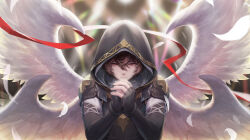 Rule 34 | 1boy, armor, bishounen, brown hair, commentary, commentary request, cowboy shot, english commentary, expressionless, facing viewer, feathered wings, fingerless gloves, gloves, granblue fantasy, hair between eyes, highres, hood, hood up, light, light frown, light particles, light rays, looking down, male focus, messy hair, mixed-language commentary, multiple wings, praying, red eyes, red ribbon, ribbon, sad, sandalphon (granblue fantasy), short hair, shoulder armor, tekki (tki), white wings, wings
