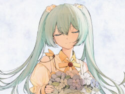 Rule 34 | 1girl, apu-chm, blue flower, blush, bouquet, bow, bowtie, closed eyes, closed mouth, cloud, cloudy sky, collared shirt, commentary, day, detached collar, earrings, facing viewer, floating hair, flower, flower earrings, green hair, hair between eyes, hair flower, hair ornament, hatsune miku, highres, holding, holding bouquet, jewelry, long hair, off-shoulder shirt, off shoulder, orange bow, orange bowtie, outdoors, overcast, shirt, sidelocks, sky, smile, solo, twintails, vocaloid, white flower, yellow shirt