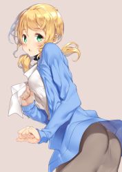 Rule 34 | 1girl, ass, blonde hair, coat, ellen baker, from side, green eyes, hair ornament, hair scrunchie, leaning forward, long hair, long sleeves, looking at viewer, low ponytail, low twintails, new horizon, open clothes, open coat, open mouth, scrunchie, shirt, skirt, smile, solo, twintails, yappen, yatsu (sasuraino)