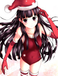 Rule 34 | 1girl, black hair, christmas, competition school swimsuit, elbow gloves, fur trim, gloves, hat, long hair, neuron (exceed), one-piece swimsuit, original, patterned legwear, red &amp; white, red eyes, red one-piece swimsuit, santa hat, school swimsuit, solo, striped clothes, striped thighhighs, swimsuit, thighhighs, two-tone stripes