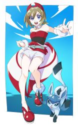 Rule 34 | 1girl, anklet, blonde hair, blue eyes, border, breasts, cleavage, collar, commentary request, creatures (company), eyelashes, game freak, gen 4 pokemon, glaceon, hairband, highres, irida (pokemon), jewelry, knees, looking at viewer, medium hair, nintendo, open mouth, pkpokopoko3, pokemon, pokemon (creature), pokemon legends: arceus, red footwear, red hairband, red shirt, sash, shirt, shoes, shorts, spread fingers, strapless, strapless shirt, teeth, tongue, upper teeth only, waist cape, white border, white shorts