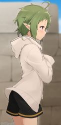 Rule 34 | 1girl, ahoge, artist name, ass, black shorts, blurry, blurry background, brown eyes, closed mouth, cowboy shot, day, from side, frown, green hair, grey jacket, hands up, highres, hood, hood down, hooded jacket, jacket, jampen, long sleeves, mushoku tensei, outdoors, pointy ears, profile, short hair, short shorts, shorts, solo, standing, sylphiette (mushoku tensei)