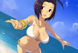Rule 34 | 10s, 1girl, beach, bikini, blush, bracelet, breasts, brown hair, cleavage, dutch angle, idolmaster, idolmaster (classic), idolmaster 2, jewelry, large breasts, looking away, maitake (loose), md5 mismatch, miura azusa, musen-shiki sanhankikan, navel, o-ring, o-ring bottom, o-ring top, ocean, outstretched arms, perspective, red eyes, resolution mismatch, short hair, solo, source larger, swimsuit