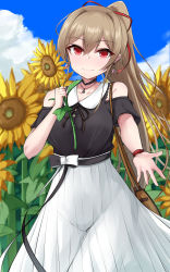 Rule 34 | 1girl, absurdres, bag, belt, black belt, black bow, black shirt, bow, breasts, brown hair, closed mouth, clothing cutout, commentary request, day, earrings, flower, furen e lustario, hair between eyes, hair ribbon, hand up, high ponytail, highres, holding, holding flower, jewelry, kirikan (cokekiri), long hair, looking at viewer, medium breasts, necklace, nijisanji, outdoors, outstretched arm, pleated skirt, ponytail, red eyes, red ribbon, ribbon, shirt, short sleeves, shoulder bag, shoulder cutout, sidelocks, skirt, smile, solo, star (symbol), star necklace, sunflower, very long hair, virtual youtuber, white bow, white skirt, yellow flower