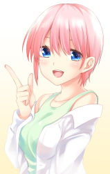 Rule 34 | 1girl, :d, bare shoulders, blue eyes, blush, breasts, collarbone, commentary request, go-toubun no hanayome, gradient background, green tank top, hair ornament, hand up, highres, hisae (hisae collect), index finger raised, long sleeves, looking at viewer, medium breasts, nakano ichika, off shoulder, open clothes, open mouth, open shirt, pink hair, shirt, short hair, smile, solo, tank top, upper body, white background, white shirt, yellow background