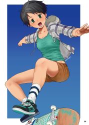 Rule 34 | 1girl, absurdres, alternate costume, black hair, blush, breasts, brown shorts, green eyes, green tank top, highres, hood, hood down, hoodie, jacket, kantai collection, midriff peek, mogami (kancolle), open mouth, outstretched arms, page number, shoes, short hair, shorts, signature, simple background, skateboard, small breasts, sneakers, socks, solo, tank top, tomboy, tooku nomura (artist), two-tone background, white footwear