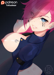 Rule 34 | 1girl, blue eyes, blush, breast tattoo, breasts, breasts out, choker, grin, hair over one eye, large breasts, league of legends, looking at viewer, nipples, no bra, officer vi, pink hair, pink lips, police, police uniform, policewoman, puffy nipples, shiny skin, short hair, simple background, smile, solo, tattoo, thigh strap, tofuubear, uniform, vi (league of legends)