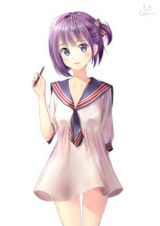 Rule 34 | 1girl, artist name, bow, cowboy shot, dress, hair bow, highres, la campanella, looking at viewer, open mouth, original, purple eyes, purple hair, sailor dress, see-through, short hair, side ponytail, simple background, smile, solo, stylus, white background