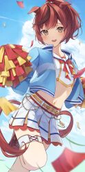 Rule 34 | 1girl, absurdres, animal ears, belt, blue jacket, blue sky, blush, bow, breasts, brown eyes, chain, cloud, cloudy sky, commentary request, confetti, cowboy shot, cropped shirt, ear ornament, ezaki hiyori, gold chain, highres, holding, holding pom poms, horse ears, horse girl, horse tail, jacket, long sleeves, looking at viewer, medium hair, midriff, multicolored hair, navel, nice nature (run&amp;win) (umamusume), nice nature (umamusume), official alternate costume, official alternate hairstyle, open clothes, open jacket, open mouth, outdoors, pom pom (cheerleading), pom poms, red bow, red hair, sailor collar, shirt, shorts, skirt, sky, small breasts, smile, solo, streaked hair, sweat, tail, thigh strap, umamusume, white shirt, white skirt, yellow belt, yellow shorts