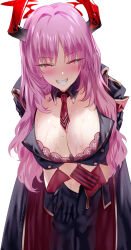 Rule 34 | black gloves, blue archive, bra, breasts, cleavage, commentary, gloves, grin, halo, highres, horns, large breasts, leaning forward, long hair, long sleeves, looking at viewer, mole, mole on breast, necktie, pink eyes, pink hair, pink necktie, purple bra, satsuki (blue archive), simple background, smile, sweat, teeth, uenoryoma, underwear, white background