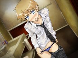 Rule 34 | 1girl, alex werner, androgynous, bathroom, black necktie, black pants, blue eyes, blue panties, blush, clothes pull, dutch angle, embarrassed, female focus, game cg, indoors, looking at viewer, necktie, onimushi hyogo, open mouth, original, panties, pants, pants pull, panty pull, pulling own clothes, reverse trap, see-through, shironagasu-tou e no kikan, shirt, short hair, solo, striped necktie, sweat, tearing up, underwear, undressing, wet, wet clothes, white shirt