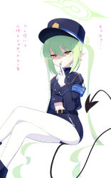 Rule 34 | 1girl, absurdres, belt, black belt, black footwear, black hat, black jacket, black skirt, black tail, blue archive, boots, buttons, demon tail, double-breasted, earrings, fang, feet out of frame, gloves, green hair, green halo, hair between eyes, halo, hat, nozomi (blue archive), highres, jacket, jewelry, long hair, long sleeves, makolas97, open mouth, pantyhose, peaked cap, pointy ears, simple background, single earring, skin fang, skirt, solo, tail, twintails, white background, white gloves, white pantyhose, yellow eyes