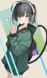 Rule 34 | 1girl, :3, ?, absurdres, ahoge, backpack, bag, bag charm, black hair, blunt bangs, blush, cat tail, charm (object), closed mouth, cowboy shot, dot nose, gradient background, green background, green eyes, green hoodie, headphones, highres, holding, holding pen, hood, hood down, hoodie, kanzarin, long sleeves, looking at viewer, no pants, one side up, original, pen, short hair, slit pupils, smile, solo, speech bubble, spoken question mark, tail, wristband, yellow background