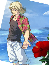 Rule 34 | 10s, 1boy, bad id, bad pixiv id, barnaby brooks jr., beach, belt, blonde hair, day, flower, glasses, green eyes, hawaiian shirt, hibiscus, homutatu, jewelry, male focus, necklace, outstretched hand, shirt, shorts, solo, t-shirt, tiger &amp; bunny
