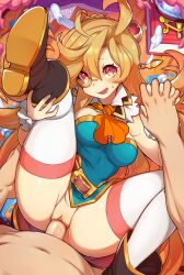 Rule 34 | 1boy, 1girl, :d, artist name, ascot, belt, black footwear, blonde hair, blush, book, boots, braid, breasts, brown belt, dragalia lost, foot out of frame, green shirt, hetero, highres, holding hands, knee up, large breasts, leg up, long hair, looking at viewer, merunyaa, monocle, no panties, open mouth, orange ascot, penis, pink eyes, pussy, sex, shiny skin, shirt, signature, sinoa, smile, thighhighs, vaginal, white thighhighs, wrist cuffs