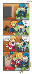 Rule 34 | 1boy, 1girl, 4koma, ;), absurdres, beck (mighty no. 9), blonde hair, call (mighty no. 9), call f, comic, congratulations, controller, english text, game controller, gamepad, green eyes, headphones, helmet, highres, long hair, mighty no. 9, one eye closed, playing games, ponytail, shoutaro saito, smile, striped, striped sleeves, wink