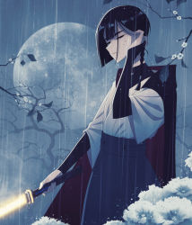 Rule 34 | 1girl, 5health, absurdres, asymmetrical hair, bare tree, black gloves, black hair, black robe, blue skirt, braid, bridal gauntlets, energy sword, expressionless, f (star wars), flower, full moon, gloves, hair over shoulder, half-closed eyes, highres, holding, holding hair, holding lightsaber, holding weapon, hood, hood down, hooded robe, japanese clothes, leaf, light particles, lightsaber, looking at viewer, moon, night, night sky, rain, robe, shirt, shirt tucked in, short hair, skirt, sky, solo, star wars, star wars: visions, sword, thick eyebrows, tree, water drop, weapon, white shirt, wide sleeves
