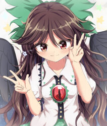 Rule 34 | 1girl, bird wings, black wings, blush, bow, brown eyes, brown hair, buttons, chitose hachi, closed mouth, collared shirt, commentary request, double w, green bow, hair between eyes, hair bow, long hair, looking at viewer, medium bangs, puffy short sleeves, puffy sleeves, reiuji utsuho, shirt, short sleeves, smile, solo, star (symbol), third eye, touhou, upper body, very long hair, w, wavy hair, white shirt, wings