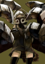 Rule 34 | 10s, 1girl, ado (adonki), black rock shooter, black thighhighs, brown eyes, covering face, covering own mouth, covering privates, foreshortening, highres, hood, mechanical arms, orange eyes, simple background, single mechanical arm, solo, strength (black rock shooter), thighhighs, white hair, zettai ryouiki