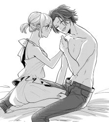 Rule 34 | 1boy, 1girl, bare arms, bare shoulders, couple, ear piercing, frills, greyscale, grin, halterneck, hand up, hetero, holding hands, minato (pixiv31986490), monochrome, navel, niina junpei, on bed, open fly, piercing, ponytail, protagonist (tokimemo gs3), seiza, short hair, sitting, skirt, smile, tearing up, tokimeki memorial, tokimeki memorial girl&#039;s side 3rd story, topless male