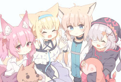 Rule 34 | 4girls, :d, ^ ^, absurdres, ahoge, animal ear fluff, animal ears, arknights, bare shoulders, black headwear, black jacket, blonde hair, blue eyes, blush, brown hair, closed eyes, collared shirt, commentary request, dress shirt, eyepatch, facing viewer, fox ears, fox girl, fox tail, gloves, grey hair, hair ornament, hair ribbon, hairclip, highres, holding hands, jacket, looking at viewer, multiple girls, hugging object, open mouth, pink hair, popukar (arknights), purple skirt, rabbit hair ornament, red eyes, red ribbon, ribbon, ryoku sui, shamare (arknights), shirt, simple background, skirt, smile, stuffed animal, stuffed rabbit, stuffed dog, stuffed toy, sussurro (arknights), suzuran (arknights), tail, twintails, white background, white gloves, white shirt, x hair ornament