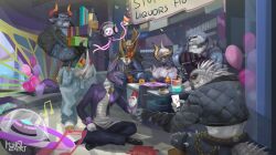 Rule 34 | 1other, 6+boys, animal ears, artist logo, bag, balloon, bara, boomboom, card, cat boy, closed eyes, commentary, confetti, cow boy, cow ears, cow horns, crocodile boy, crocodilian tail, crossed arms, daylon (sobek) (dislyte), dislyte, djoser (atum) (dislyte), drew (anubis) (dislyte), english commentary, eye mask, freddy (fenrir) (dislyte), furry, furry male, gift, hand on own face, heinzart, highres, holding, holding bag, holding card, holding gift, horns, jackal boy, jackal ears, jackal tail, male focus, mask, monocle, multiple boys, muscular, muscular male, musical note, party popper, playing card, pointing, pointing at another, sander (set) (dislyte), smile, sunglasses, tail, tevor (sphinx) (dislyte), wolf boy, wolf ears