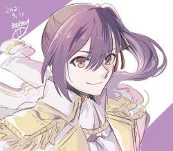 Rule 34 | 1girl, aiguillette, artist name, ascot, closed mouth, commentary request, dated, epaulettes, floating hair, hair between eyes, hair ornament, hair ribbon, high collar, highres, jacket, jacket on shoulders, liu mei fan, long hair, looking away, mirumiru, portrait, purple background, purple hair, red eyes, red ribbon, ribbon, shoujo kageki revue starlight, shoujo kageki revue starlight -re live-, side ponytail, signature, sketch, smile, solo, two-tone background, white ascot, white background, white jacket