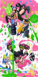 Rule 34 | &gt; o, 2boys, 2girls, absurdres, action, baseball cap, battle, beanie, blonde hair, blue hair, camisole, covered mouth, doitsuken, fangs, full body, gas mask, green eyes, green hair, grin, hat, highres, inkling, inkling boy, inkling girl, inkling player character, leggings, long hair, long sleeves, looking at another, mask, multiple boys, multiple girls, nintendo, one eye closed, open mouth, orange eyes, paint splatter, pants, pink hair, pointy ears, pointy hair, purple eyes, shirt, short hair, short sleeves, shorts, sleeveless, smile, sparkle, splatoon (series), splatoon 2, striped clothes, striped shirt, sweater, tentacle hair, unworn headwear, upside-down