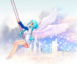 Rule 34 | 1girl, angel, aqua hair, braid, building, crosshatching, feathered wings, hatching (texture), highres, long hair, looking at viewer, sleeves past wrists, smile, snow, solo, swing, twin braids, wings, yui toshiki