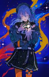 Rule 34 | 1girl, artist name, black dress, blue hair, choker, closed eyes, dress, earrings, facing viewer, hair between eyes, hand on own chest, hat, highres, hololive, hoshimachi suisei, hoshimachi suisei (streetwear), jacket, jewelry, long hair, nail polish, o-ring, off shoulder, official alternate costume, open clothes, open jacket, orange nails, parted lips, reaching, reaching towards viewer, ribbon, ring, s t e r n, side ponytail, signature, solo, standing, star (sky), star (symbol), thigh strap, virtual youtuber