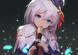 Rule 34 | 1girl, blue eyes, blue hat, blush, breasts, commentary request, dress, flute, hair between eyes, hair ornament, hat, holding, honkai (series), honkai impact 3rd, instrument, long hair, looking at viewer, silver hair, sl86, solo, theresa apocalypse, theresa apocalypse (valkyrie pledge)