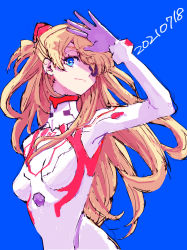 Rule 34 | 1girl, blue background, blue eyes, bodysuit, boyaking, breasts, brown hair, dated, evangelion: 3.0+1.0 thrice upon a time, eyepatch, hair ornament, highres, lips, long hair, looking at viewer, neon genesis evangelion, pilot suit, plugsuit, rebuild of evangelion, shiny clothes, skin tight, smile, solo, souryuu asuka langley, two side up, very long hair, white bodysuit, wide hips