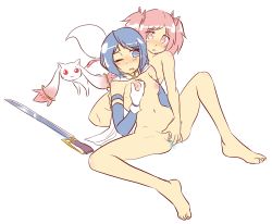 Rule 34 | 10s, 2girls, blue eyes, blue hair, blush, bottomless, cape, detached sleeves, fingering, fingering from behind, gloves, grabbing, grabbing another&#039;s breast, hair ribbon, kaname madoka, kyubey, mahou shoujo madoka magica, mahou shoujo madoka magica (anime), miki sayaka, multiple girls, nude, pink eyes, pink hair, pussy juice, ribbon, rileyav, short hair, simple background, sitting, spread legs, sweatdrop, sword, twintails, uncensored, weapon, white background, yuri